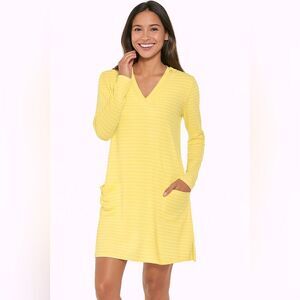 Coolibar Yellow Striped Hoodie Cover-Up Dress UPF 50+ Sz M Beach Swim Resortwear